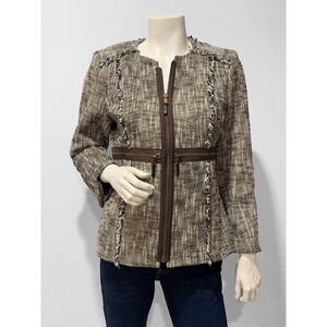 Etcetera Women's Brown & Cream Tweed Zip-Up Fringe Casual Workwear Jacket Size 6